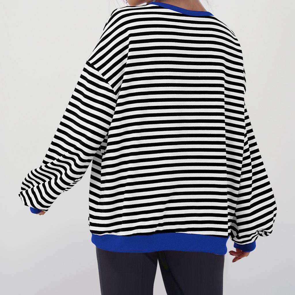 Women's Oversized Striped Color Blocking Long Sleeved Round Neck Sports Shirt Casual Loose Fitting Pullover Shirt Top