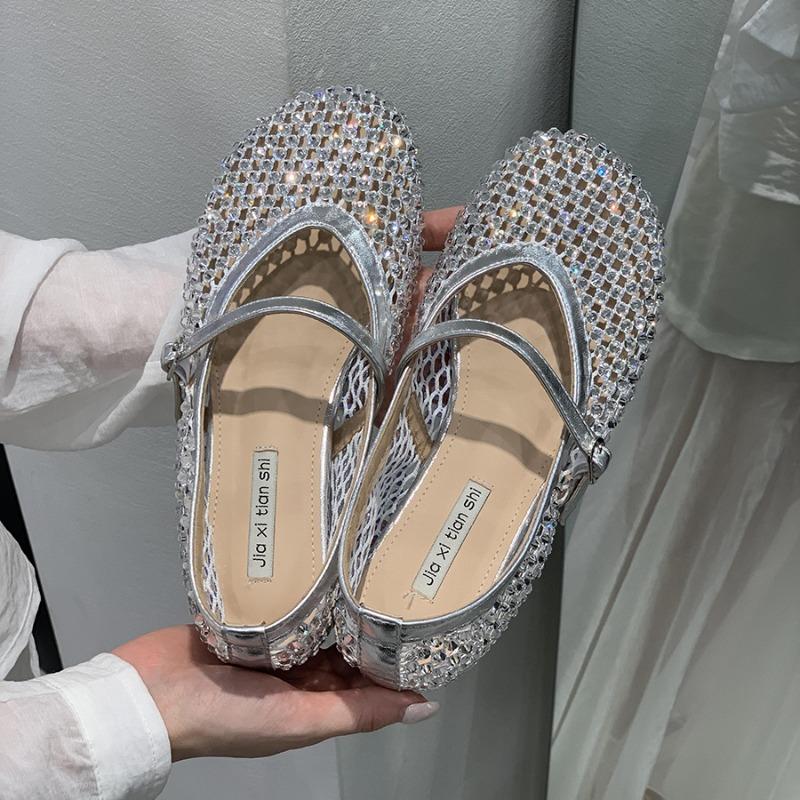 Модные Роскошные Хрустальные Стразы Сетка Балетки Женские Дизайнерские Туфли Мэри Джейн с Клепками и Сеткой Летние Ажурные Лоферы для Женщин