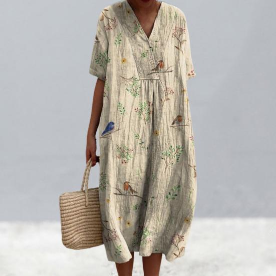 Женское платье с цветочным принтом, платье с коротким рукавом и v-образным вырезом, летнее повседневное платье трапециевидной формы, пуловеры в богемном стиле, платье для вечеринки, повседневная одежда, отпуск