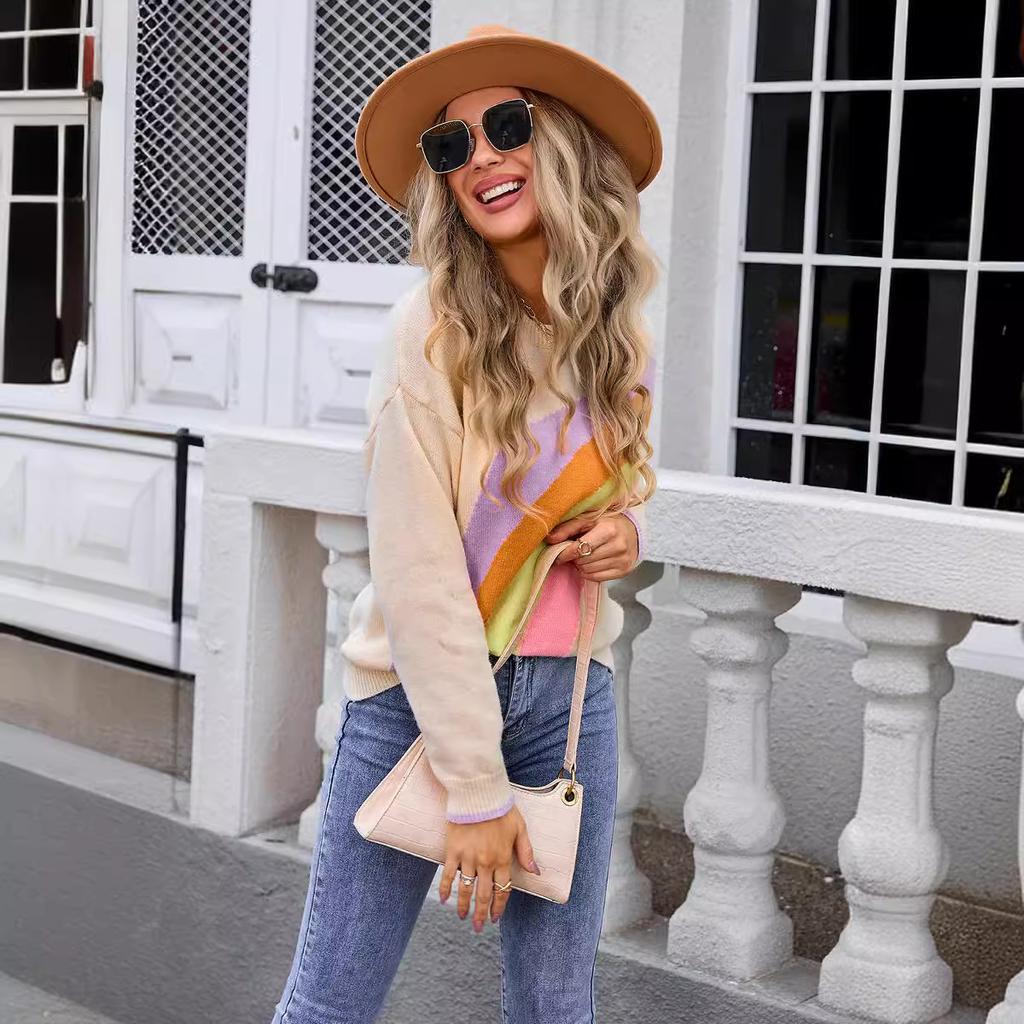 Осенне-зимний женский свитер-пуловер с длинным рукавом, с радужными полосками, модный свитер, трикотаж