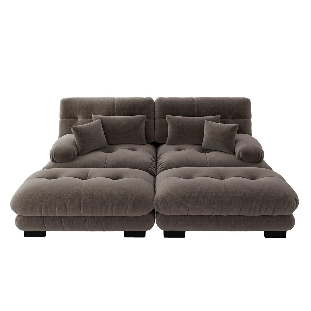 Cloud Corner Sofa for Living Room, Chenille Double Sofa with 2 Lumbar Cushions and 2 Decorative Cushions, Wide Armrests and 2 Ottomans, Chenille Brown