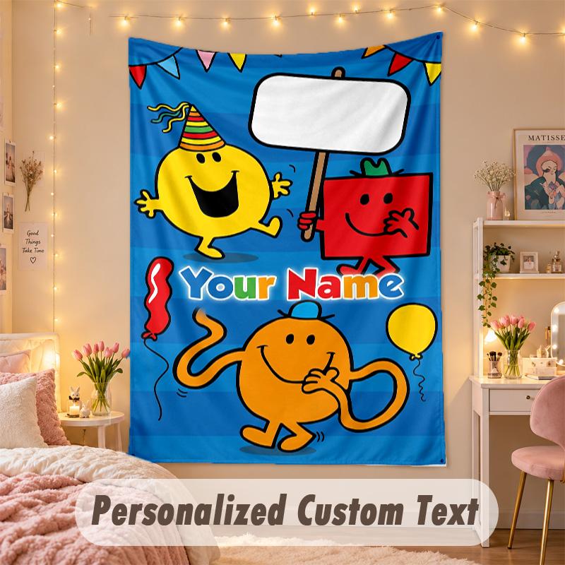 Custom Personalized Tapestry,Mr. Men & Little Miss Print Custom Name Text Wall Art Hanging for Bedroom