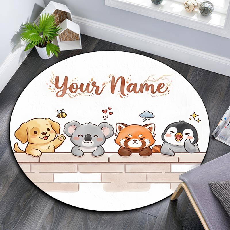 Custom Name Custom Animal Round Area Rug,Carpet Rug for Living Room Bedroom Sofa Playroom Decor,Non-slip Floor Mat