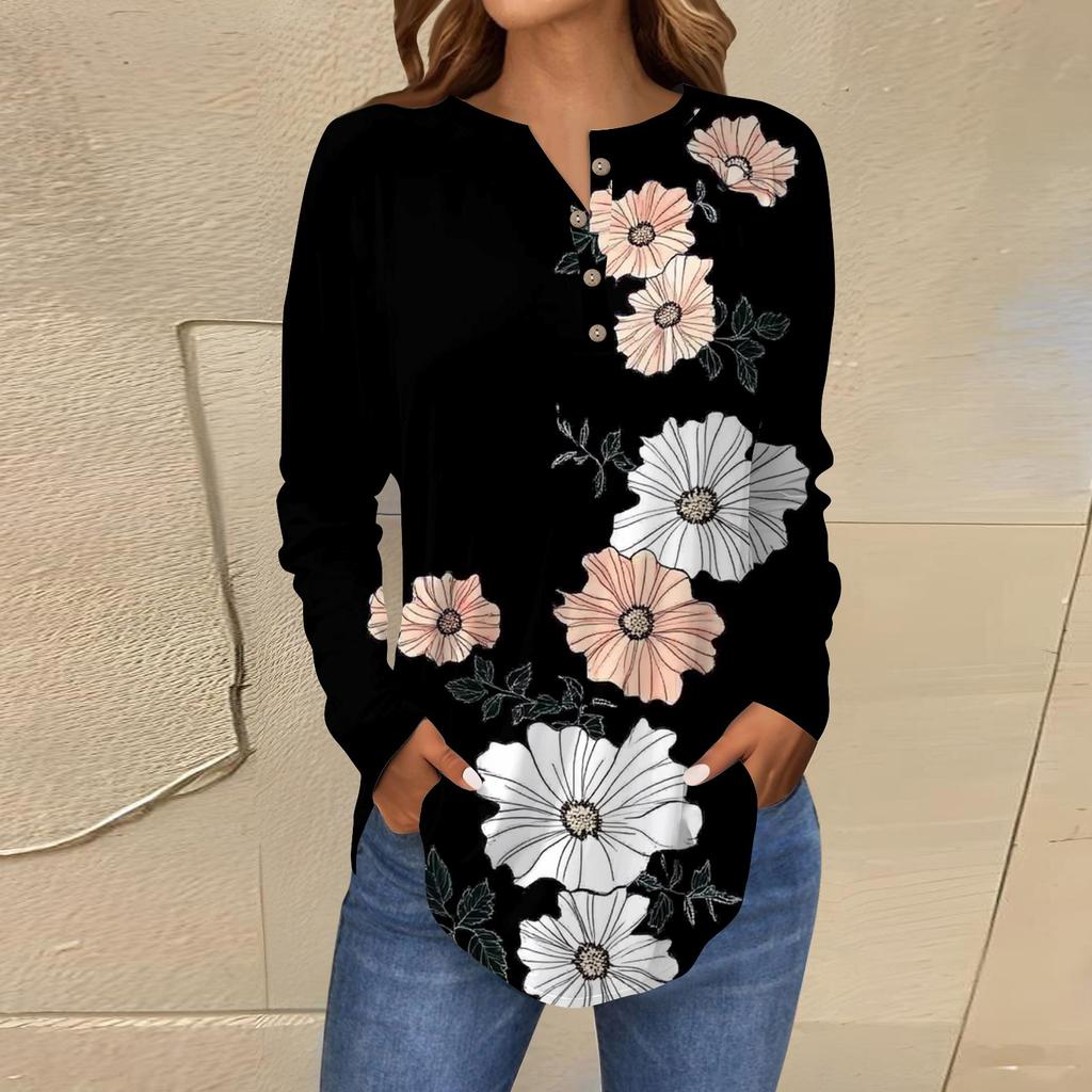 Модная свободная футболка с длинным рукавом и цветочным принтом на пуговицах, топ-пуловер