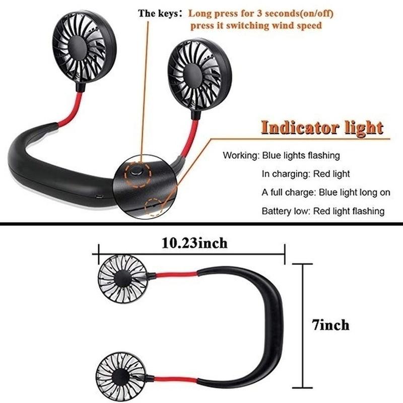 New Neckband Fan Hand Free Mini Neck Double Fans Wearable Portable Neckband with USB Rechargeable