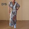 Summer Women Dress V Neck Short Sleeves Loose Retro Ethnic Printing Pullover Ankle Length Casual Daily Wear Maxi Dress