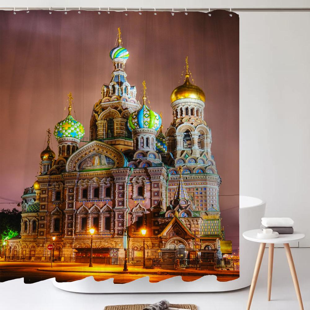 Famous Architectural Scenery Shower Curtain Printed European Landscape Polyster Home Decor Bathroom Curtain with Hooks