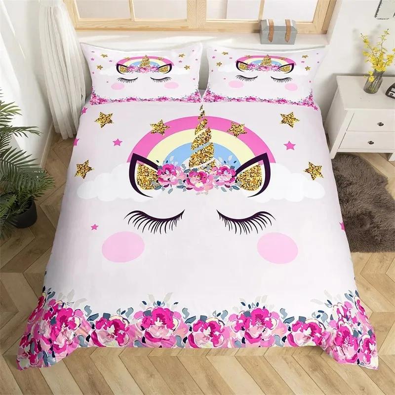 Cartoon Unicorn Duvet Cover Twin King Smiling Eyelash Rainbow Bedding Set For Kids Girls Microfiber Magical Animal Quilt Cover
