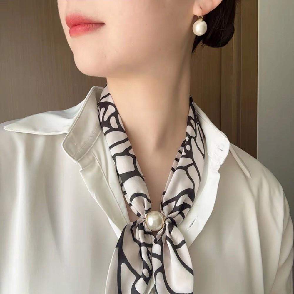 No Tie Silk Scarf Magnetic Pearl Buckle Women Neckerchief Sun Protection Satin Neck Scarf  Summer