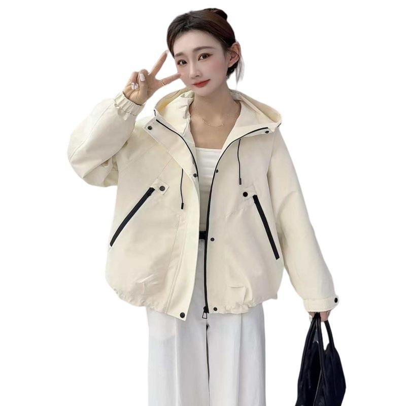 Женская куртка-ветровка с капюшоном свободного кроя - Универсальный корейский стиль, короткий дизайн на кулиске для весны и осени