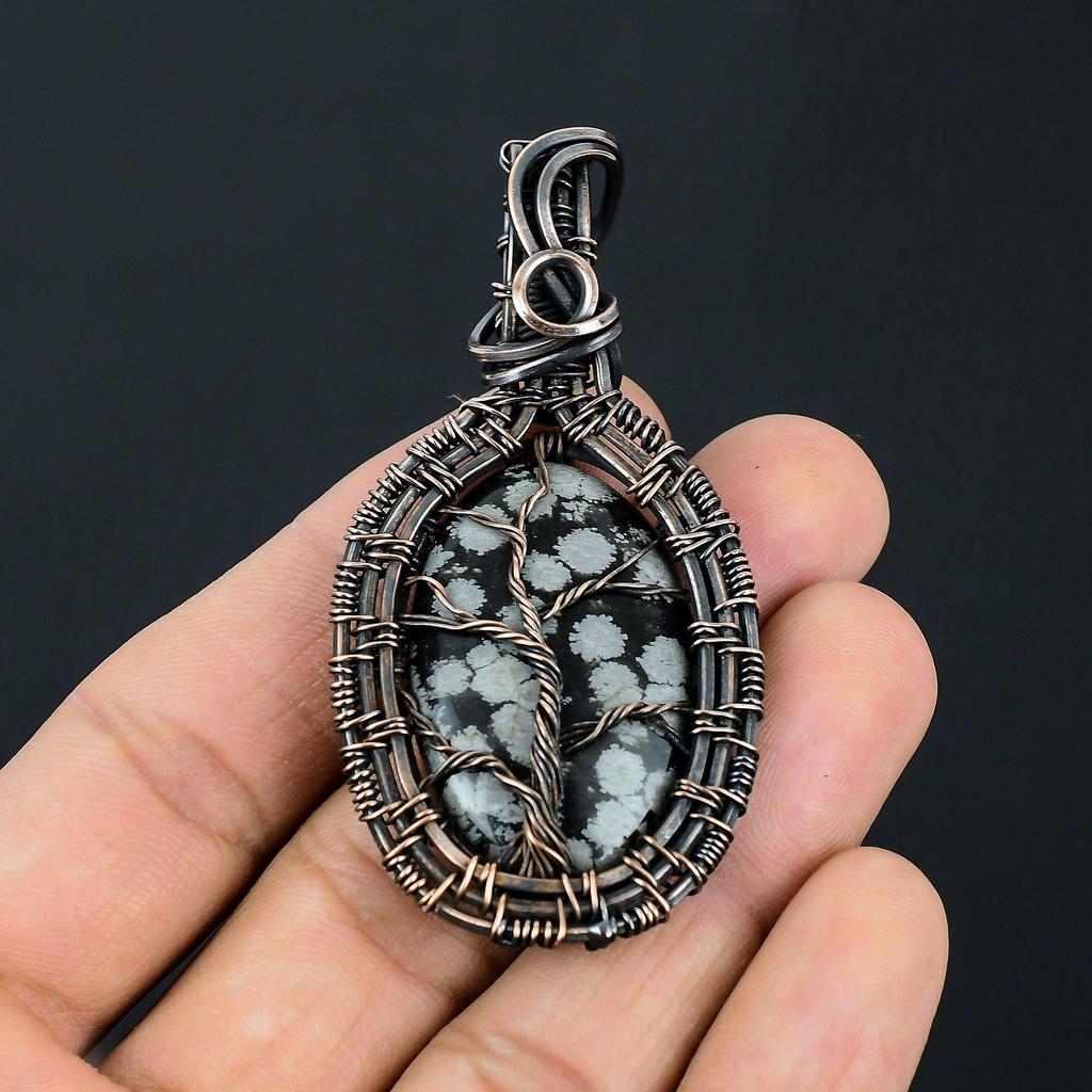 Tree Of Life Snowflake Obsidian Handmade Pure Copper Wire Wrap Amazing Jewelry Pendant