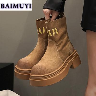 Ботильоны на платформе женские замшевые туфли челси на среднем каблуке женские осень 2024 тренд повседневный готический брендовый дизайн массивные зимние ботинки женские