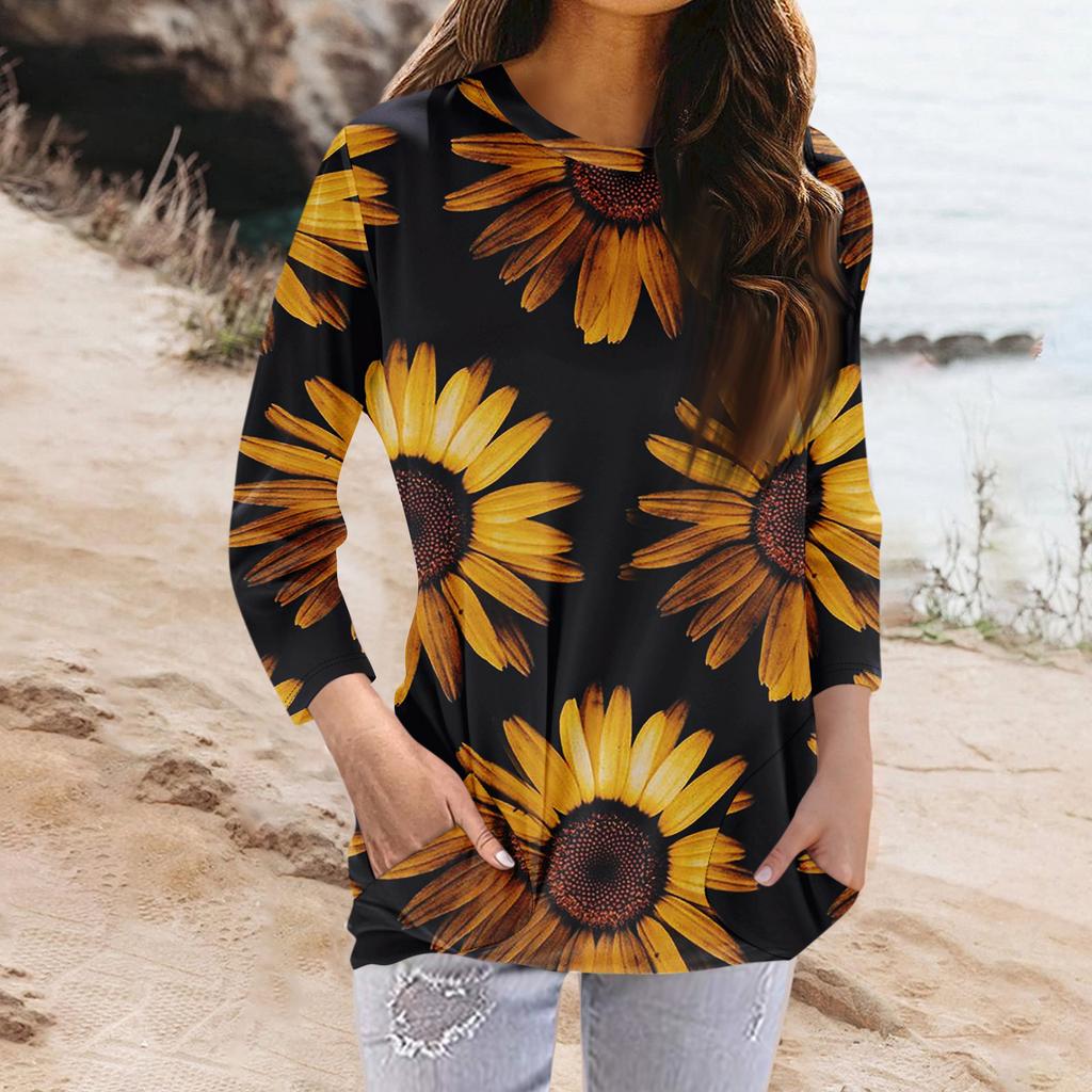 Women's Fashion Casual Round Neck Print 3/4 Sleeve Pocket T-Shirt Top