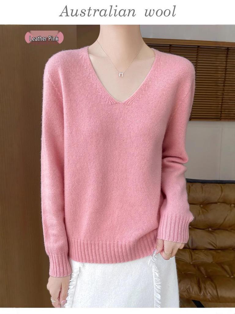 Minimalist 100% Wool V-Neck Sweater: Seamless, Solid Color, Long Sleeve, New Women's Knit