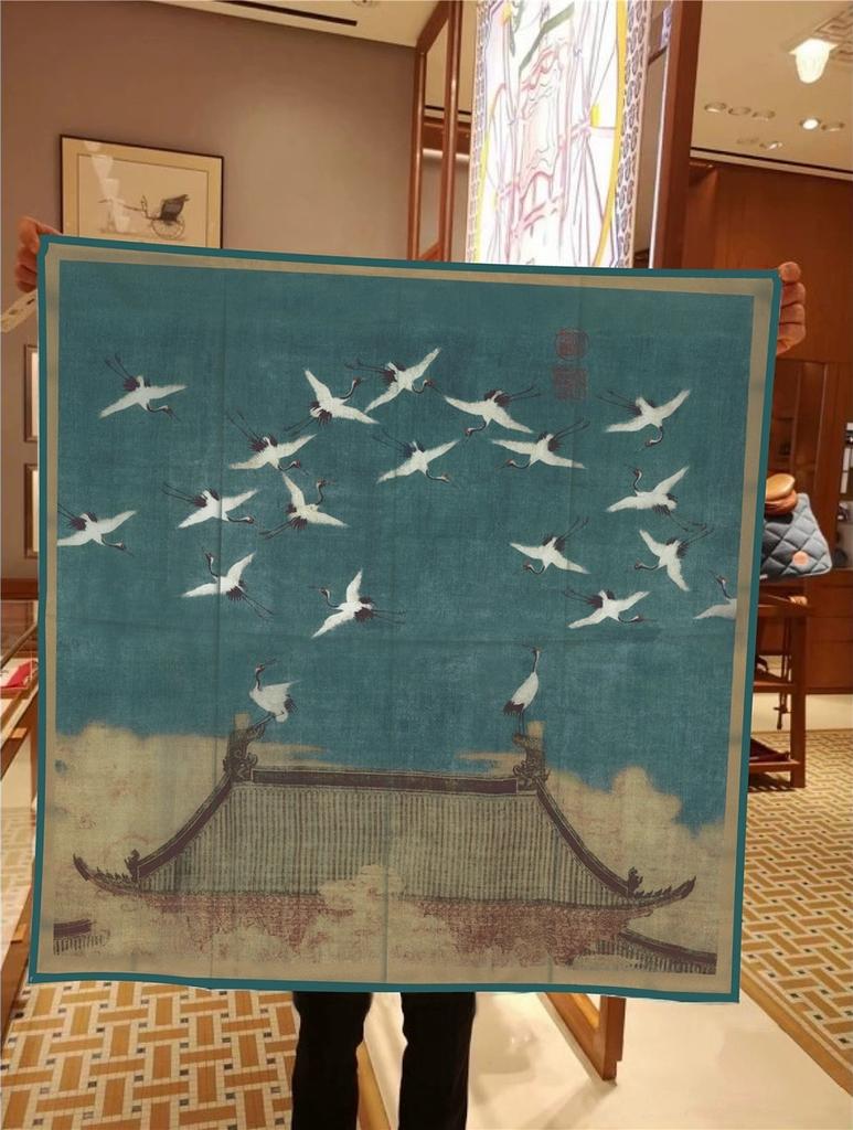 Retro 90CM Square Twill Scarf Shawl Hijabs For Women White Bird Printed Bandana Foulard Neckerchief