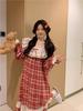 Korean-Style Red Plaid Cotton Nightgown with Lace Trim 
