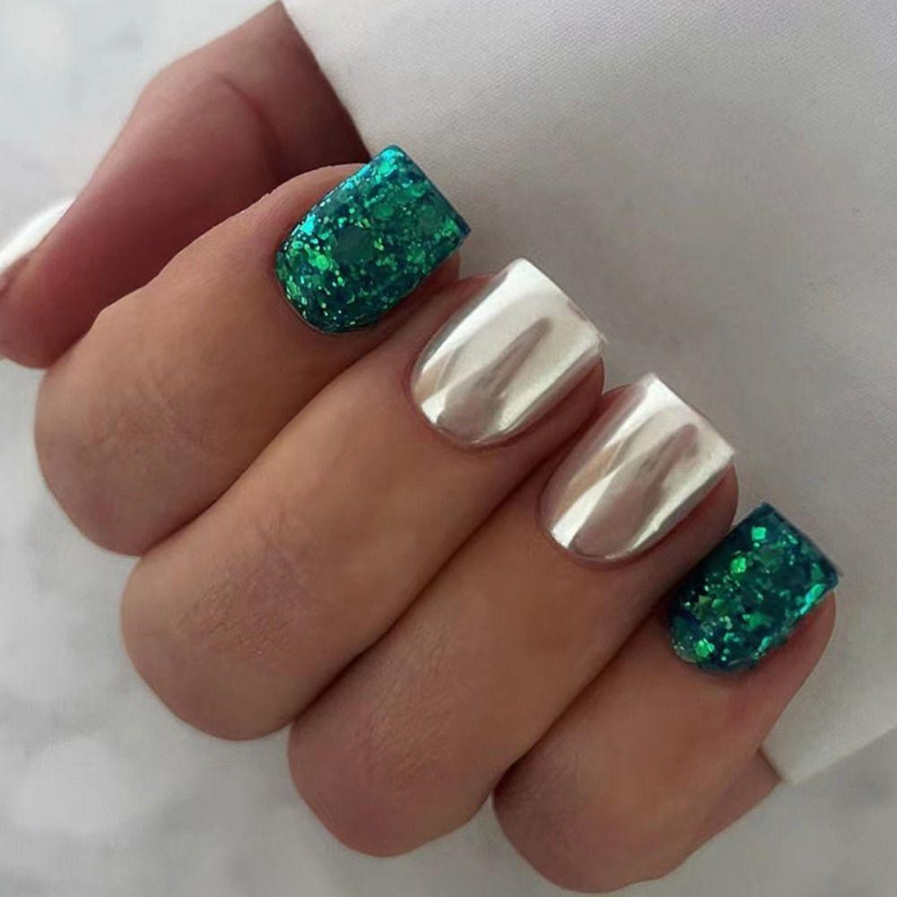 Fashion Short Round False Nails French Aurora Slices Fake Nails Pink Silver Tiger Stripe Full Cover Nail Tips for Salon