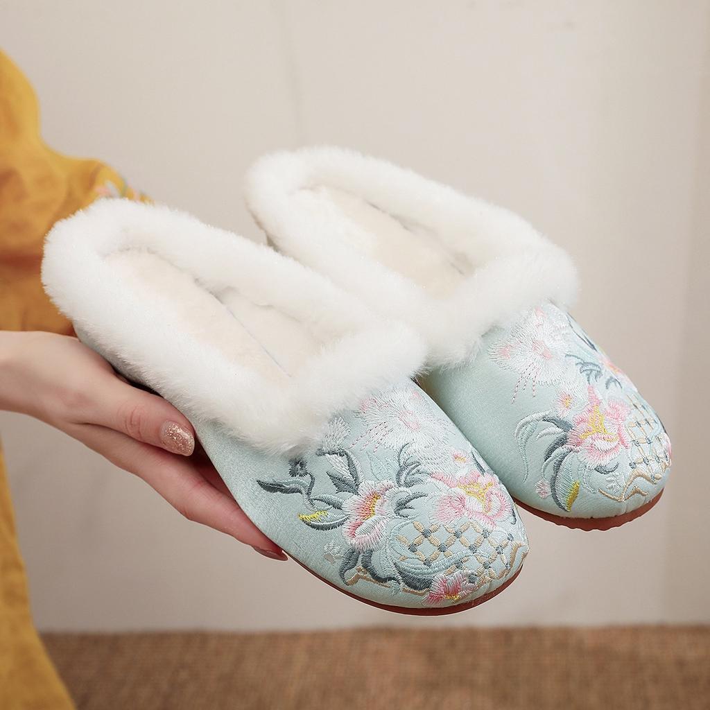 [Meow] 2025 Winter Fleece Old Beijing Cotton Women's Slippers Ethnic Style Embroidery Home Slippers Women