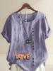 Women's Fashion Love Letters Print Casual Cotton Linen Short Sleeve Round Neck T-shirt Shirt Leisure Loose Summer Blouse Tops