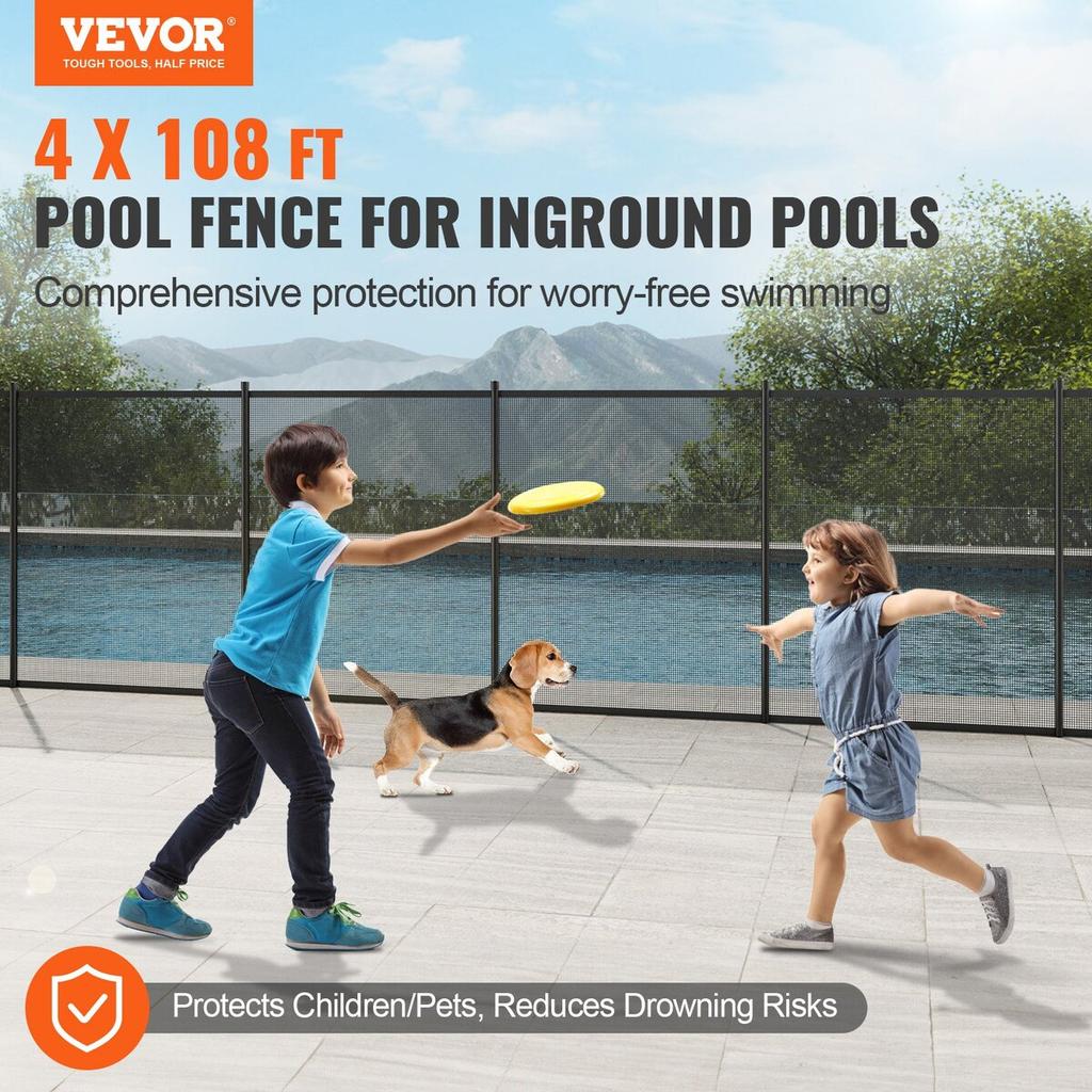 Pool Fence, 4 x 108 FT Pool Fences for Inground Pools, Removable Child Safety Pool Fencing, Easy DIY Installation Swimming Pool Fence, 340gms Teslin