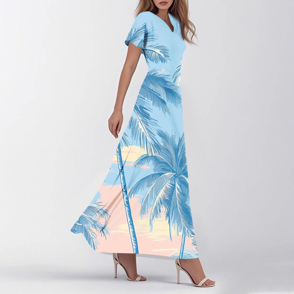 Women's Summer Casual Fashion Retro Floral Dress V Neck Short Sleeve Dress