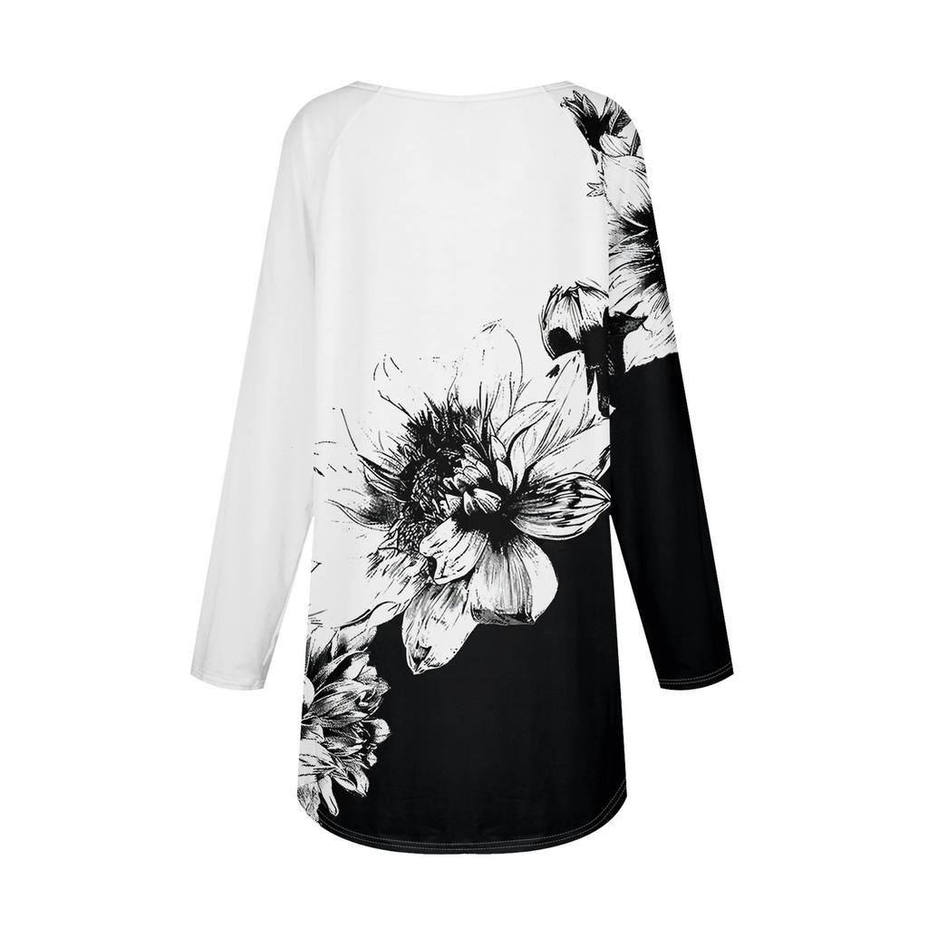 Women's Casual  Plus Size Long Sleeved Round Neck Printed T-shirt Top Pullover