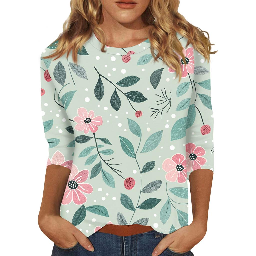 Women's Floral Print Round Neck Top With Three Quarter Sleeves T-Shirt Three Quarter Sleeves T-Shirt