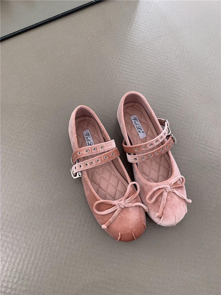 Fashion Flat Shoes for Women 2025 Spring and Autumn New Velvet Bow Mary Jane Round Toe Shallow Mouth Flat Ballet Shoes Single Shoe