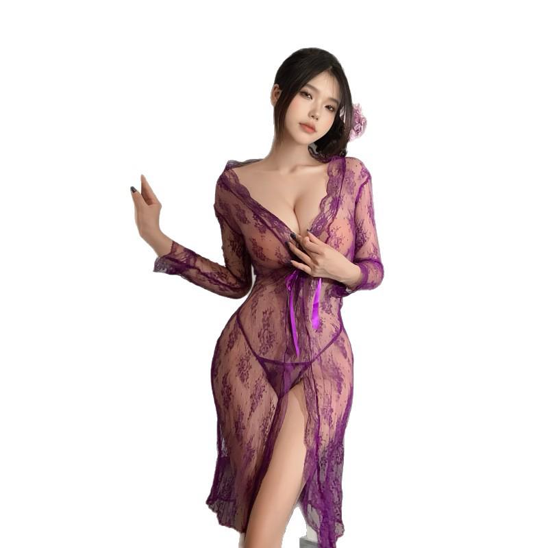 Сексуальное кружевное кимоно больших размеров: Прозрачная ночная сорочка с дизайном длинного платья