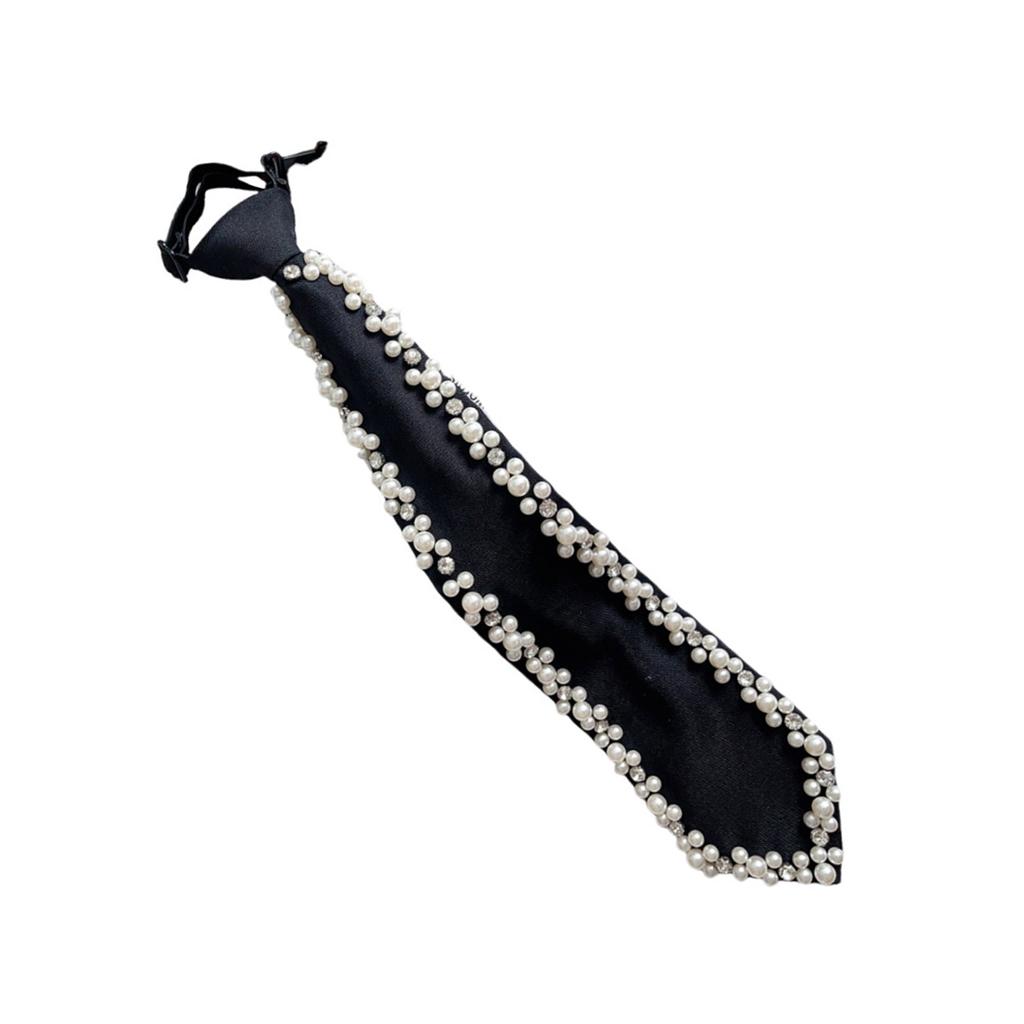 Elegant Handmade Pearls Decorated Neck Tie Adjustable Silk Pretied Necktie Neckwear for Formal Event Business Meeting