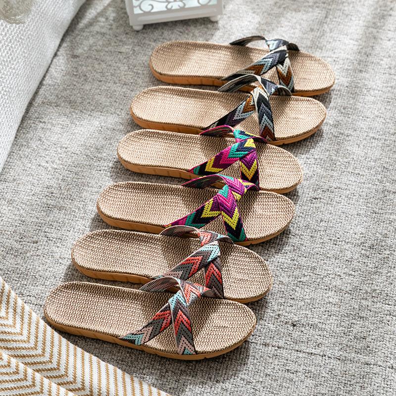 Женская и мужская домашняя обувь для дома, женские повседневные шлепанцы на плоской подошве, сандалии с перекрестным поясом, конопляные шлепанцы
