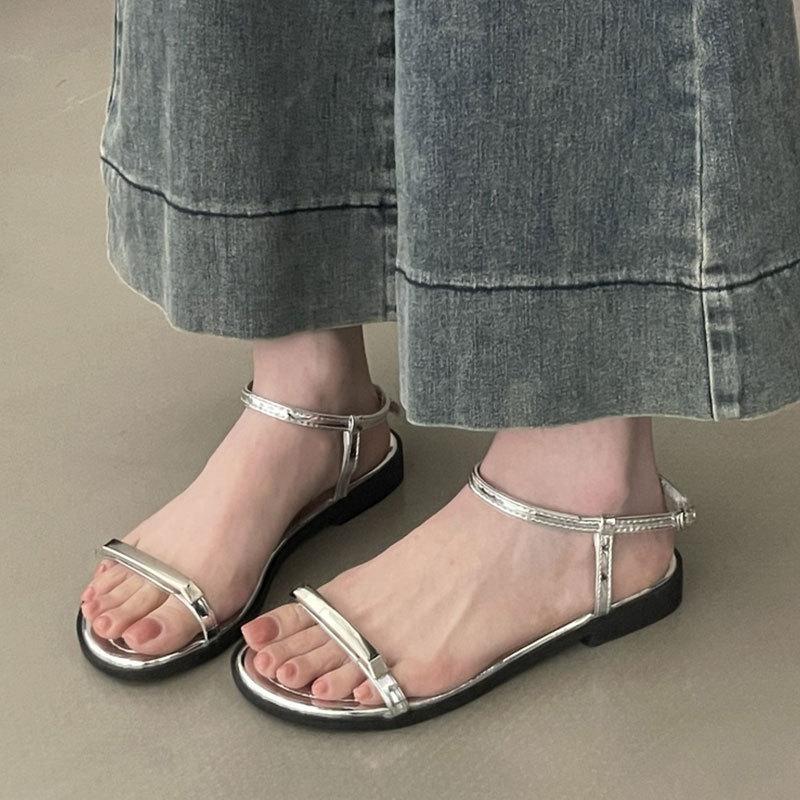 Flat-bottomed Silver Sandals Women's Summer New Versatile Skirt Metal Buckle One-word Belt Beach Roman Shoes