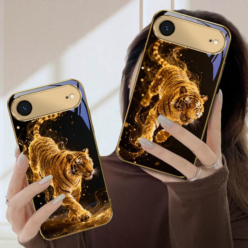 Фантазийный цветной тигр Для iPhone Air 16E 15 PRO 14 13 Plus 12 mini 11 17 Pro Max XR 16 17ProMax 17Pro Золотой стеклянный чехол для телефона