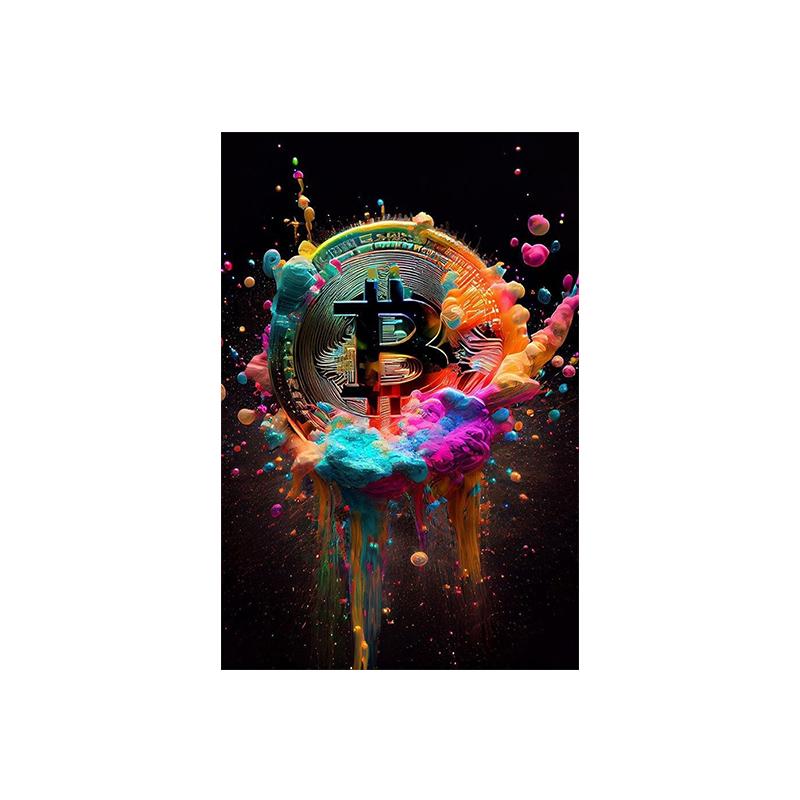 Абстрактная биткойн-стрит граффити холст картина красочный неоновый эффект биткойн-плакат с принтом вдохновляющий настенный художественный декор комнаты