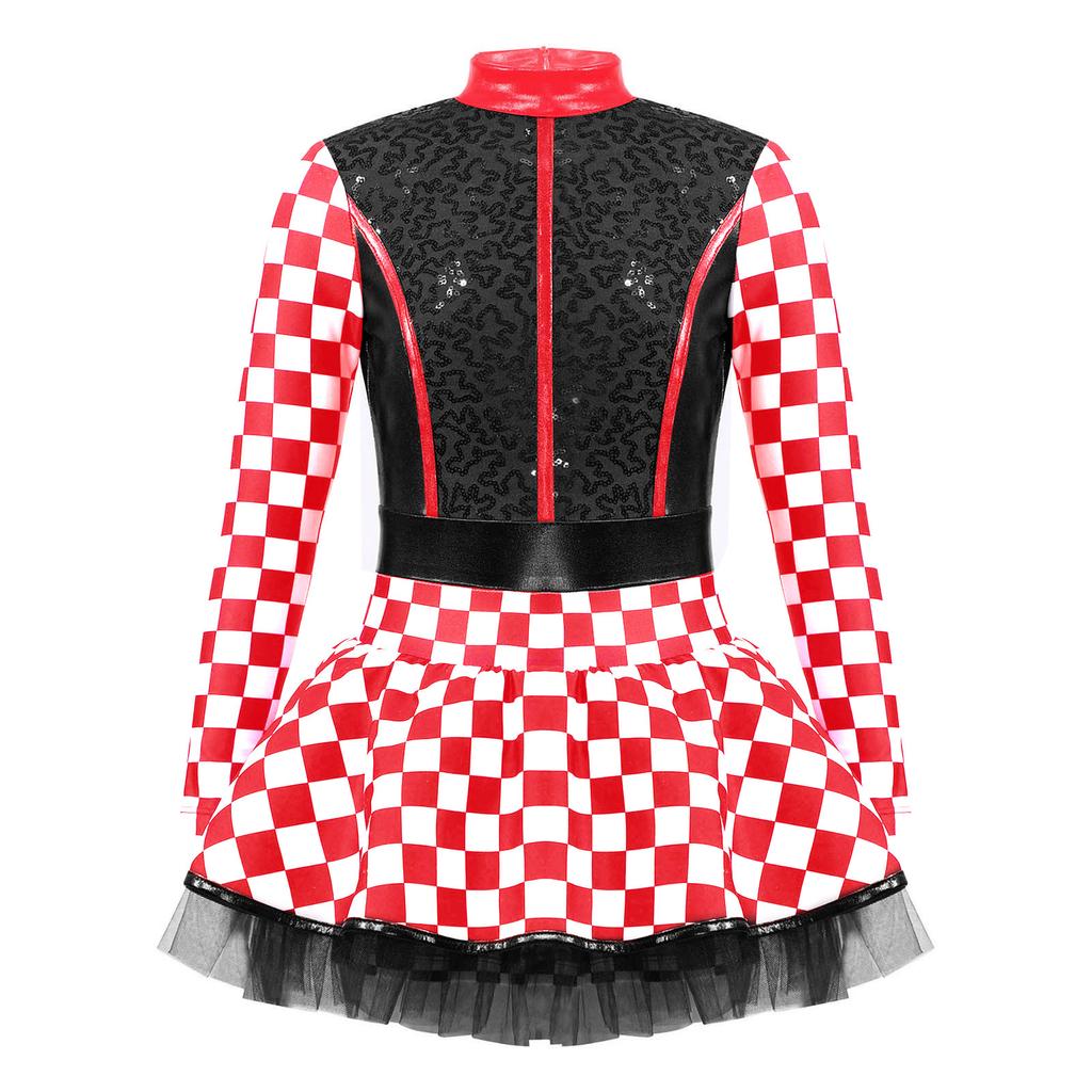 Комбинезон гонщицы для девочек, клетчатый принт, длинный рукав, воротник-стойка, пайеточная пэчворк, Хэллоуин косплей