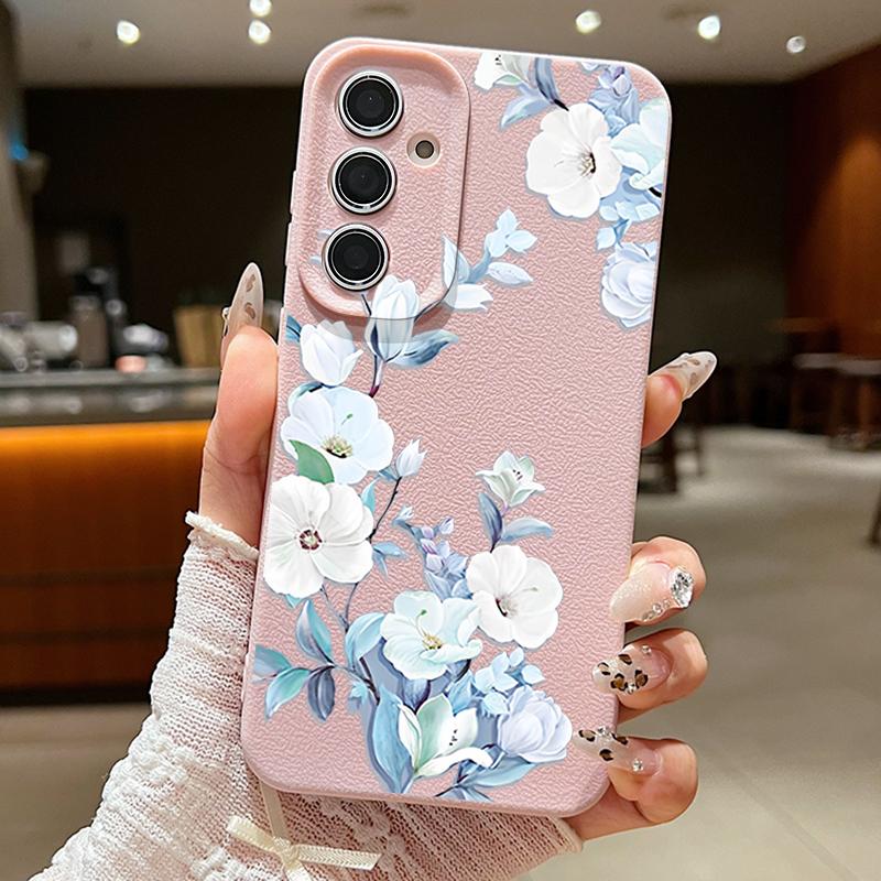 Матовый чехол для телефона с цветочным узором и текстурой из кожи для Samsung S25 Ultra S24 FE S23 S22 A36 A56 A16 A55 A26 A15 A35, тонкий противоударный мягкий чехол-накладка из ТПУ