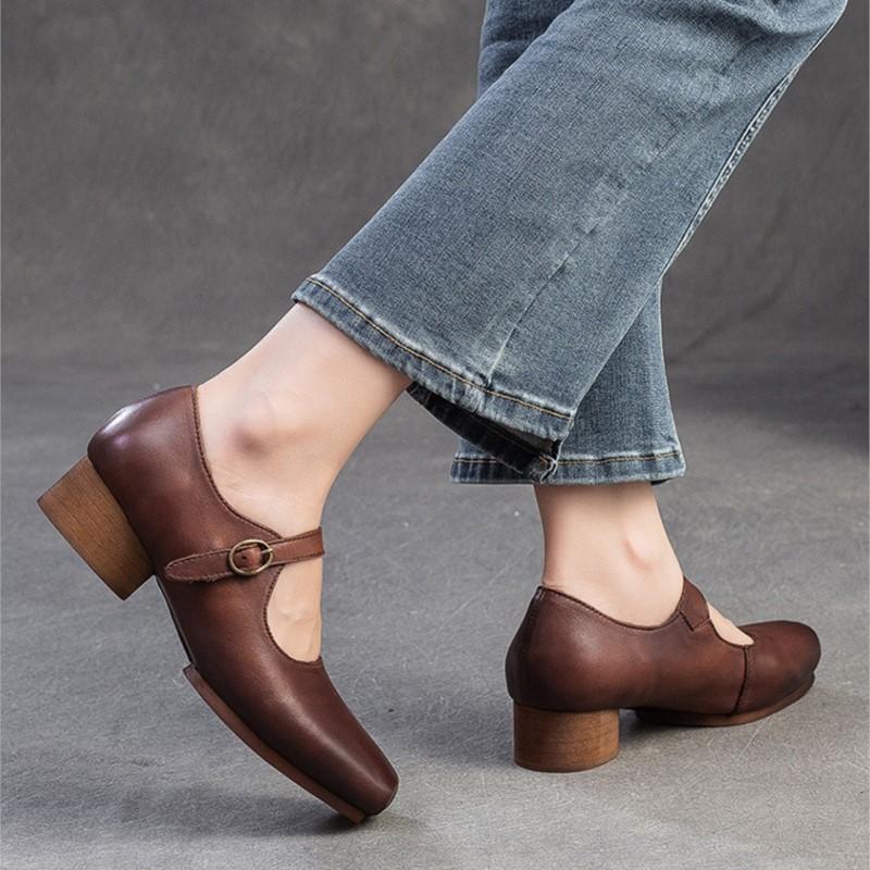 Johnature Туфли-лодочки из натуральной кожи с квадратным носком и пряжкой, модные однотонные женские туфли на среднем каблуке