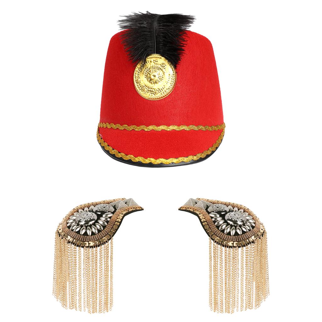 Kids Majorette Costume Accessory Set Vintage Hat with Tassel Epaulet Shoulder Boards for Halloween Cosplay