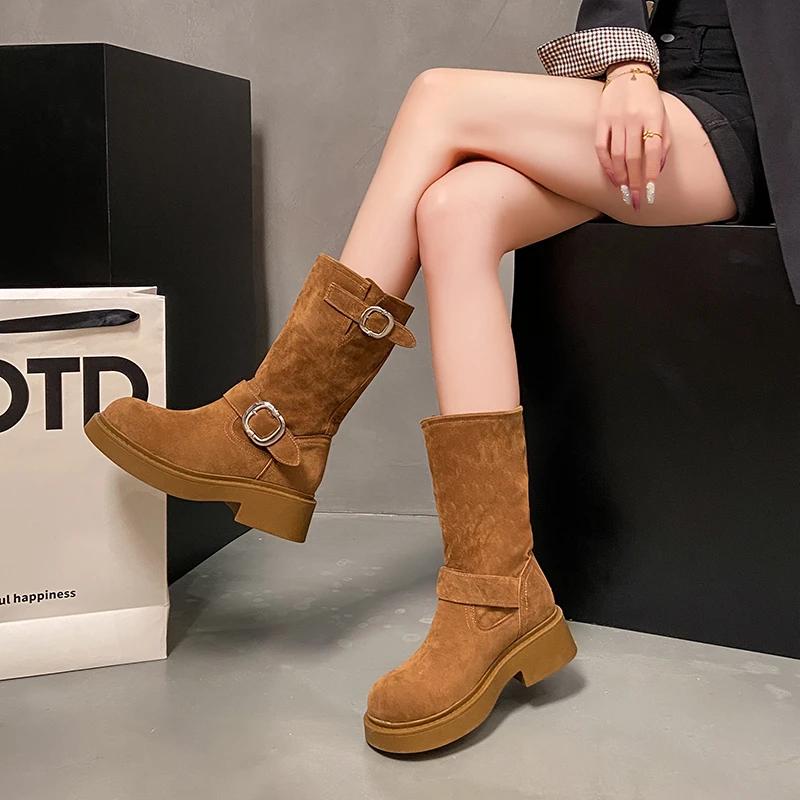 Fashion 2024 High Quality Ladies Shoes Slip-on Women's Boots Fashion Belt Buckle Modern Boots Women Winter Round Toe Mid-Calf Boots