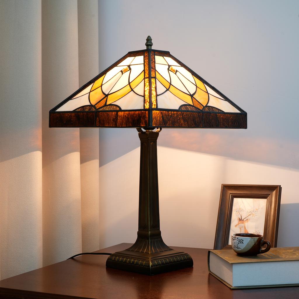 Retro Lamp Stained Glass Table Lamp Amber Brown Mission Style Desk Lamp Decor for Bedrooms Living Room Study Home Office