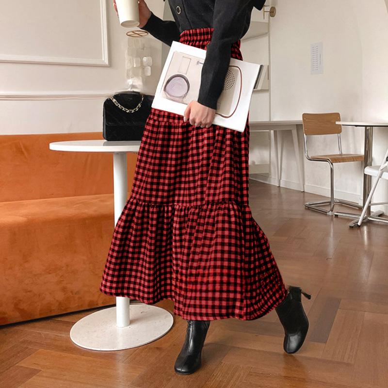 Длинная юбка в клетку на весну и осень, женская юбка-зонтик с высокой талией, юбка-трапеция средней длины в клетку в стиле ретро