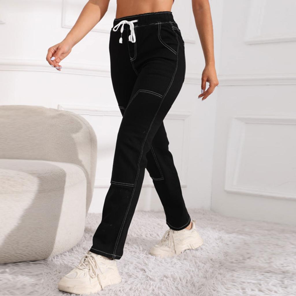 Girls Fashion High Waist Elastic Drawstring Elastic Waist New Fashion Straight Jeans