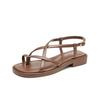 French Retro Roman Sandals Women's Design Sense Flat Bottom Versatile Strap Woven One-word Buckle Low Heel Comfortable Beach Shoes