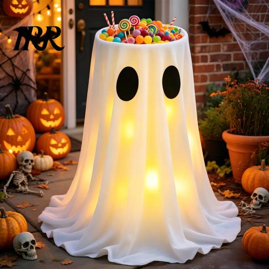 Trick or Treat Candy Table Halloween Decoration with 8-Mode Remote Control LED Light, Ghost Bowl Holiday Storage Tripod Stand, Cute Holder