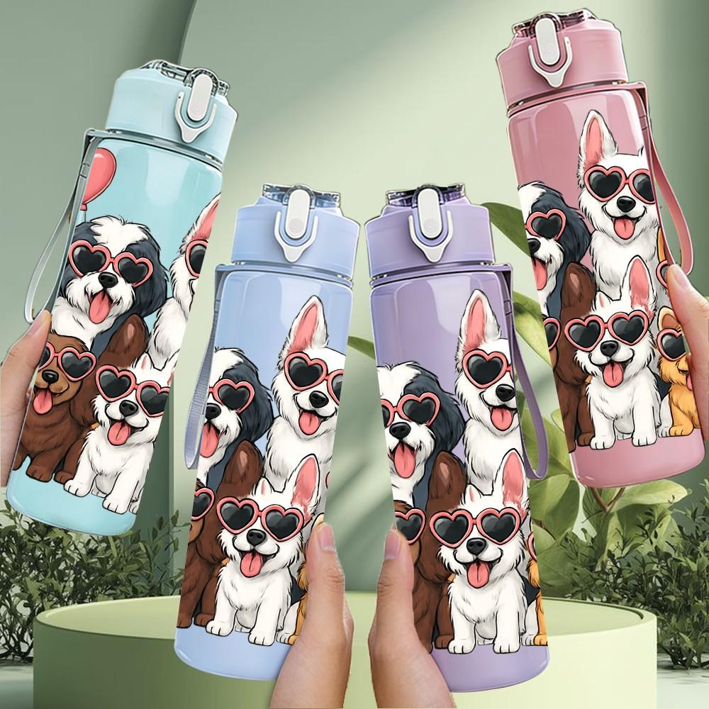 1PC Mixed Breed Dogs Family Heart Print 750ml Color Plastic Sports Water Bottle Leakproof Flip Straw Lid Suitable for Sports Office Home Use