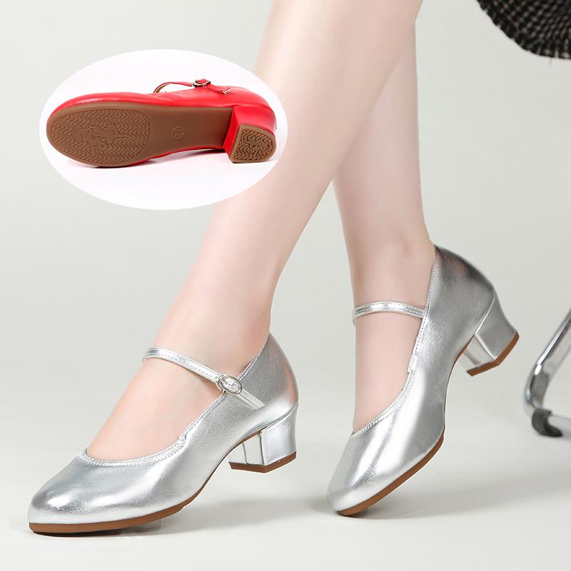 Женские серебристые туфли на среднем каблуке из мягкой кожи для бальных танцев