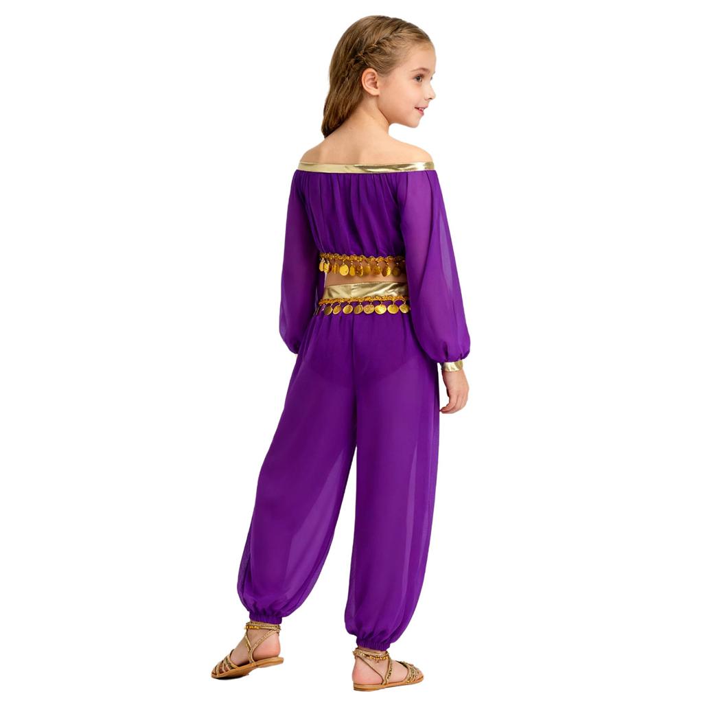 Костюм для восточных танцев для девочки Топ с пайетками и бахромой Брюки со встроенными трусиками Украшение стразами Наряд с длинным рукавом