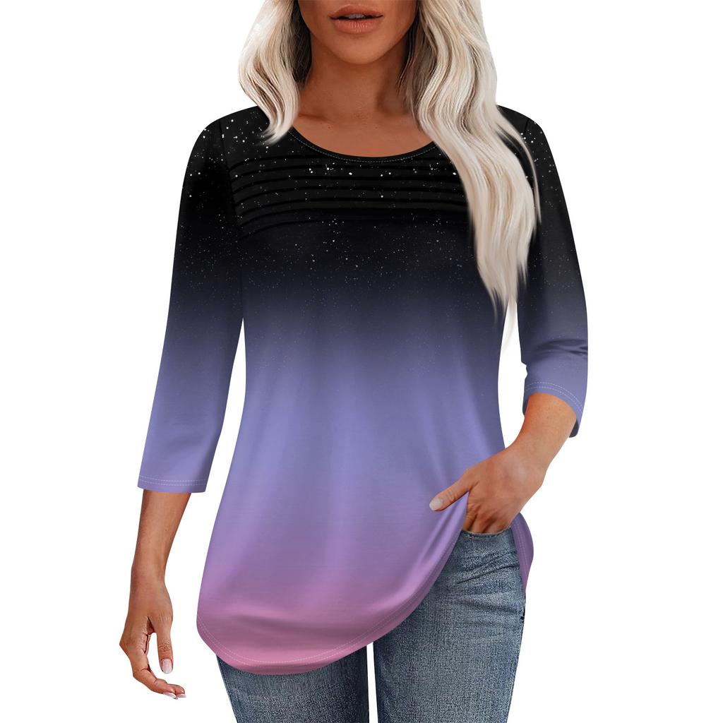 Women's Fashion Round Neck Pleated Front Placket Solid Color 3/4 Sleeve Top