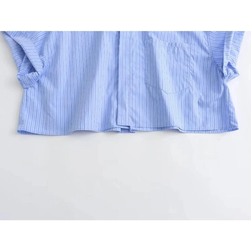 Women's Fashion Crop Poplin Shirt Women Casual Lapel Short Sleeve Pocket Front Button Versatile Female Top