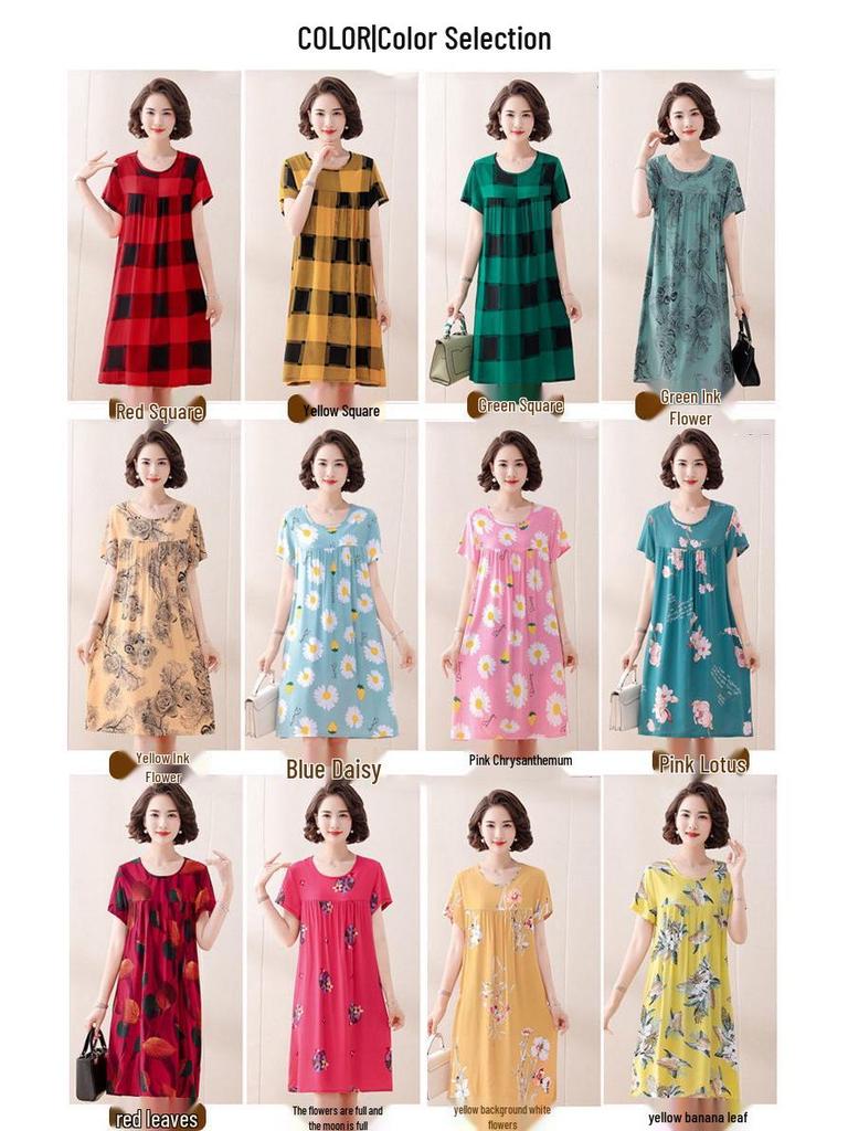 Women's Cotton Silk Mid-Length Nightgown - Summer Pajamas Plus Size Homewear for Middle-Aged and Elderly